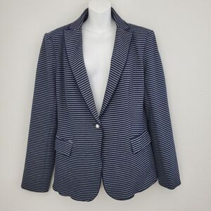 Tahari Women's Blazer 10 Blue Striped Pique Knit Pearls Nautical Business Office